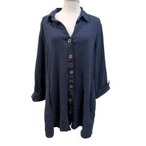 Vintage Vikki Vi Blue Rayon Linen Button Front Tunic Blouse Boho 1X Resort